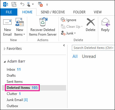 Recover email in Deleted Items folder step 1