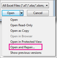 repair corrupted Excel files with open and repair option