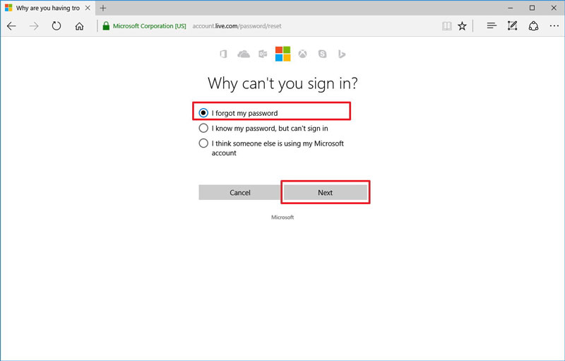 reset outlook password step 1