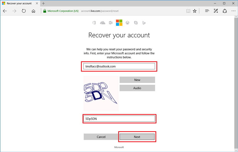 reset outlook password step 2