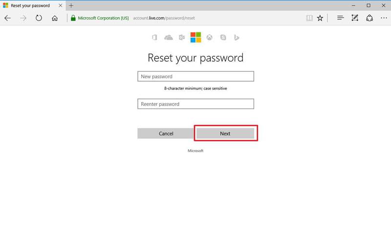 reset outlook password step 2