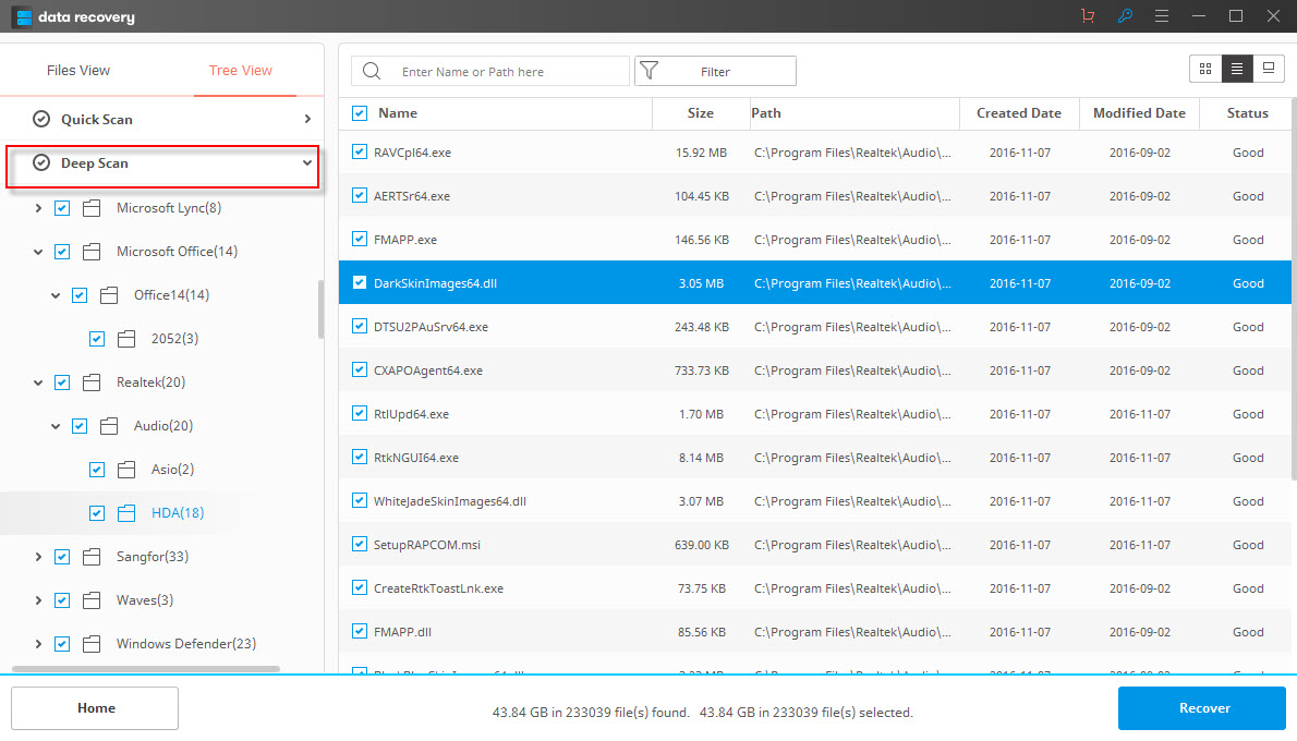 Raw Recovery and Deep Scan options for digital camera files recovery