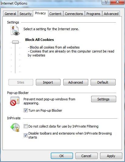 Block All Cookies in IE