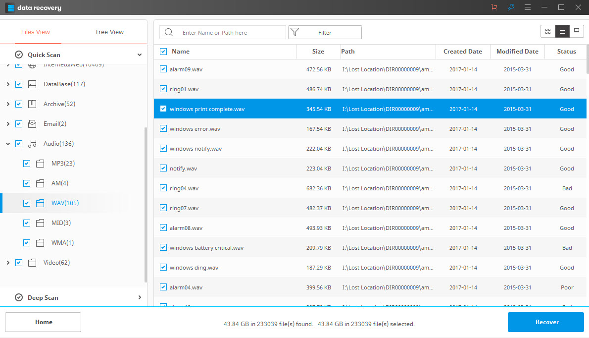 preview and recover audio files