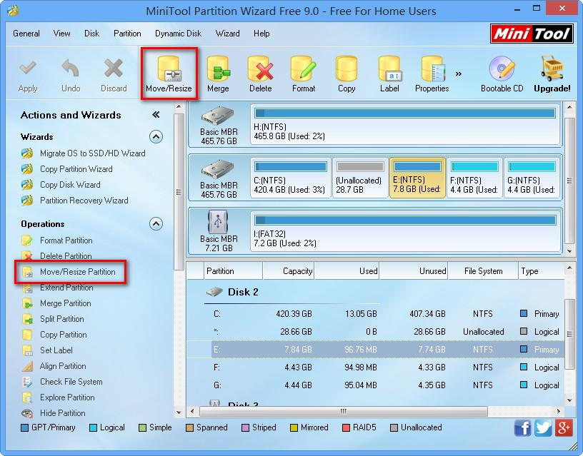 resize partition with MiniTool Partition Wizard step 1