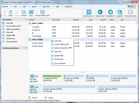 delete partition with EASEUS Partition Master step 2